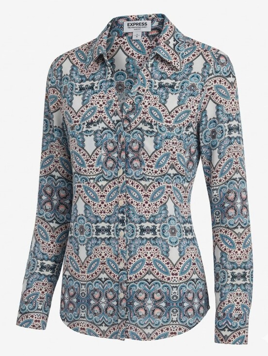 Express Tops - Express Portofino Shirt Small S Slim Fit Paisley Medallion Blouse Roll Tab